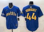 Seattle Mariners #44 Julio Rodr¨ªguez Royal With 2025 AL West Division Champions Patch City Connect Limited Stitched Jersey