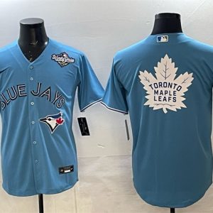 Toronto Blue Jays Leafs Blue 2025 World Series With White Leafs Logo Cool Base Stitched Jersey