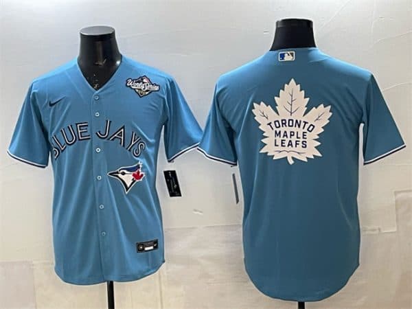 Toronto Blue Jays Leafs Blue 2025 World Series With White Leafs Logo Cool Base Stitched Jersey