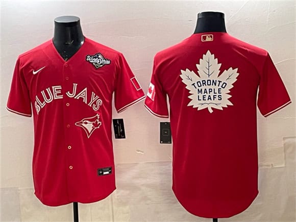 Toronto Blue Jays Leafs Red 2025 World Series With White Leafs Logo Cool Base Stitched Jersey