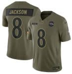 Baltimore Ravens #8 Lamar Jackson Olive 2025 Salute to Service Limited Stitched Jersey
