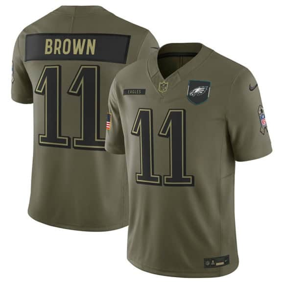 Philadelphia Eagles #11 A.J. Brown Olive 2025 Salute to Service Limited Stitched Jersey