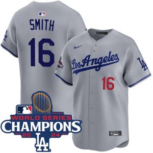 Los Angeles Dodgers #16 Will Smith Gray 2024 World Series Champions Patch Limited Stitched Jersey