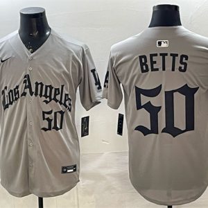 Los Angeles Dodgers #50 Mookie Betts Grey LA Gothic Style With 2025 World Series Champions Patch Limited Stitched Jersey