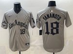 Los Angeles Dodgers #18 Yoshinobu Yamamoto Grey LA Gothic Style With 2025 World Series Champions Patch Limited Stitched Jersey