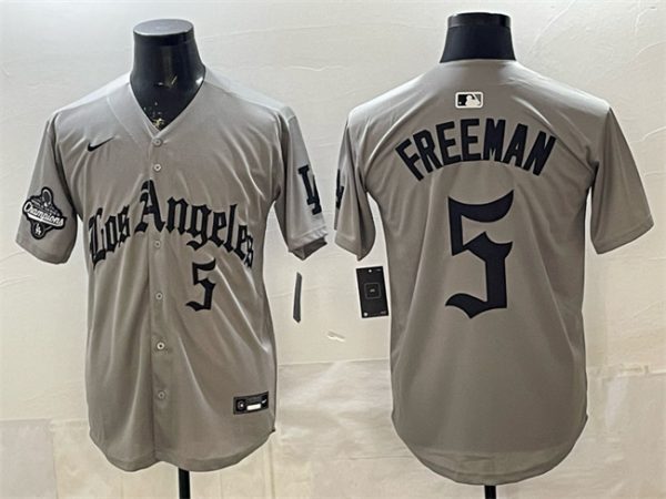 Los Angeles Dodgers #5 Freddie Freeman Grey LA Gothic Style With 2025 World Series Champions Patch Limited Stitched Jersey