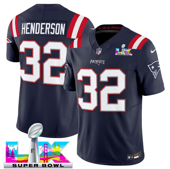 New England Patriots #32 TreVeyon Henderson Navy 2025 F.U.S.E. Super Bowl LX Patch Limited Stitched Jersey