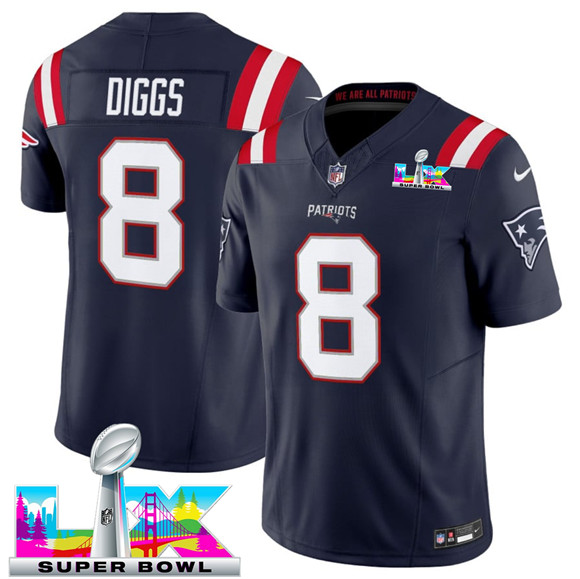 New England Patriots #8 Stefon Diggs Navy 2025 F.U.S.E. Super Bowl LX Patch Vapor Limited Stitched Jersey