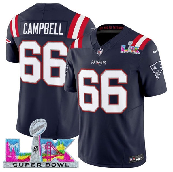 New England Patriots #66 Will Campbell Navy 2025 F.U.S.E. Super Bowl LX Patch Vapor Limited Stitched Jersey