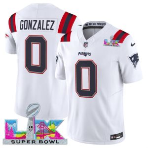 New England Patriots #0 Christian Gonzalez White 2025 F.U.S.E. Super Bowl LX Patch Vapor Limited Stitched Jersey