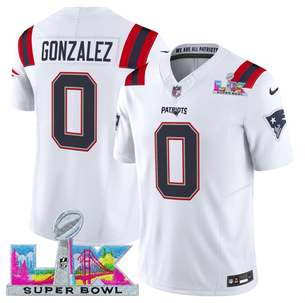 New England Patriots #0 Christian Gonzalez White 2025 F.U.S.E. Super Bowl LX Patch Vapor Limited Stitched Jersey