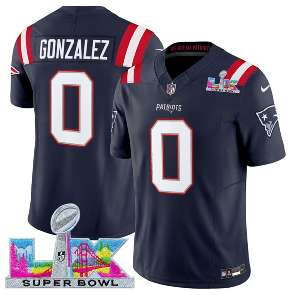 New England Patriots #0 Christian Gonzalez Navy 2025 F.U.S.E. Super Bowl LX Patch Vapor Limited Stitched Jersey