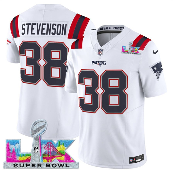 New England Patriots #38 Rhamondre Stevenson White 2025 F.U.S.E. Super Bowl LX Patch Vapor Limited Stitched Jersey