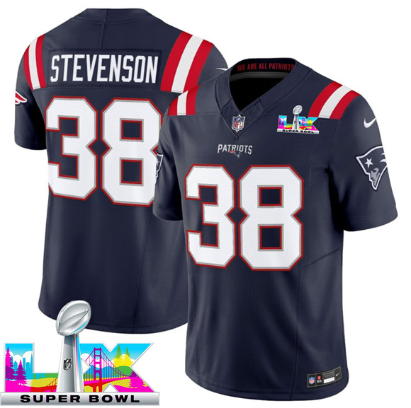 New England Patriots #38 Rhamondre Stevenson Navy 2025 F.U.S.E. Super Bowl LX Patch Vapor Limited Stitched Jersey