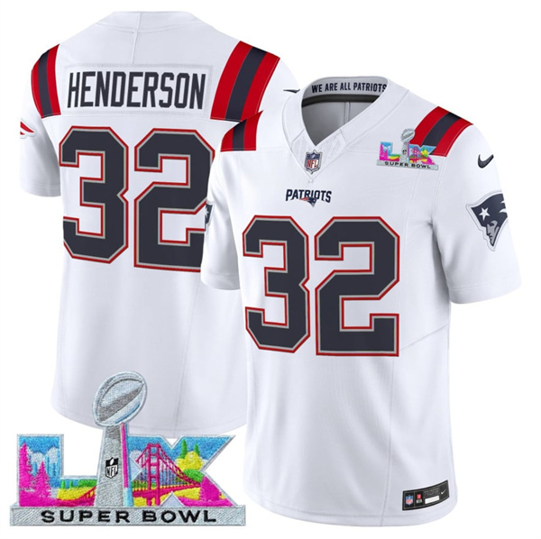 New England Patriots #32 TreVeyon Henderson White 2025 F.U.S.E. Super Bowl LX Patch Vapor Limited Stitched Jersey