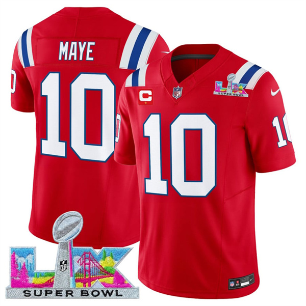 New England Patriots #10 Drake Maye Red 2025 F.U.S.E. Super Bowl LX Patch And 1-Star C Patch Vapor Limited Stitched Jersey