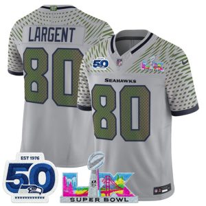 Seattle Seahawks #80 Steve Largent Gray 2025 F.U.S.E. Super Bowl LX Patch And 50th Season Patch ¡°Rivalries¡± Vapor Limited Stitched Jersey