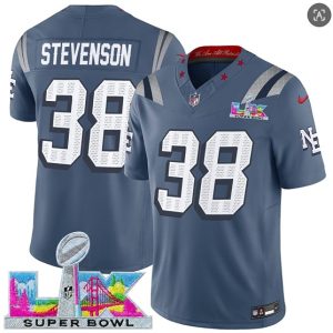 New England Patriots #38 Rhamondre Stevenson Storm Blue 2025 F.U.S.E. Super Bowl LX Patch ¡°Rivalries¡± Vapor Limited Stitched Jersey