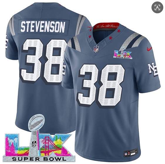 New England Patriots #38 Rhamondre Stevenson Storm Blue 2025 F.U.S.E. Super Bowl LX Patch ¡°Rivalries¡± Vapor Limited Stitched Jersey