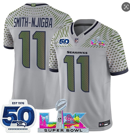 Seattle Seahawks #11 Jaxon Smith-Njigba Gray 2025 F.U.S.E. Super Bowl LX Patch And 50th Season Patch ¡°Rivalries¡± Vapor Limited Stitched Jersey