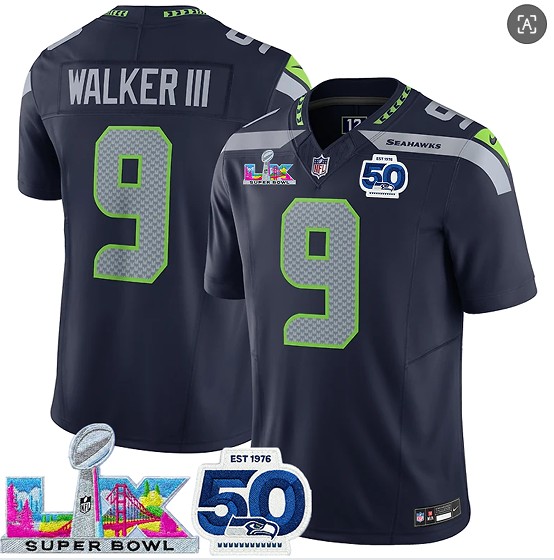 Seattle Seahawks #9 Kenneth Walker III Navy 2025 F.U.S.E. Super Bowl LX Patch And 50th Season Patch Vapor Limited Stitched Jersey