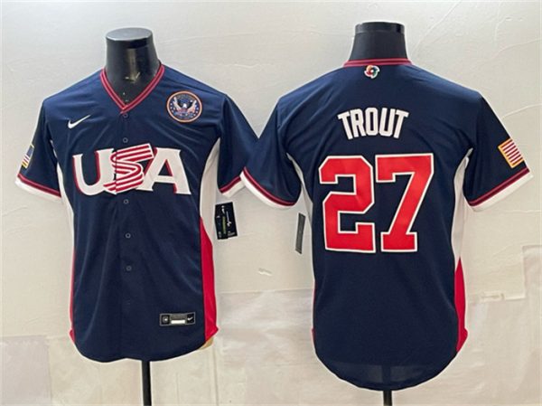 USA #27 Mike Trout Navy 2026 World Classic United States 250th Anniversary Patch Road Stadium Stitched Jersey