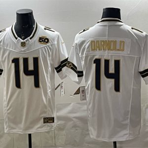 Seattle Seahawks #14 Sam Darnold White Gold 2025 F.U.S.E. 50th Season Patch Vapor Limited Stitched Jersey