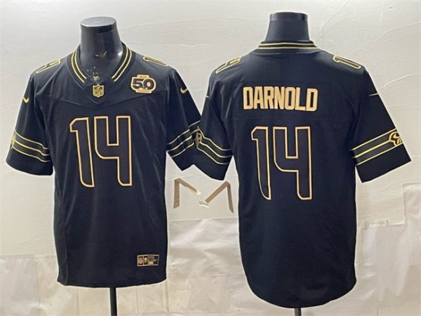 Seattle Seahawks #14 Sam Darnold Black Gold 2025 F.U.S.E. 50th Season Patch Vapor Limited Stitched Jersey